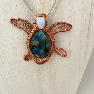 Handmade Turtle Pendant Necklace Chrysocolla Opalite Copper Wire Wrapped Stone